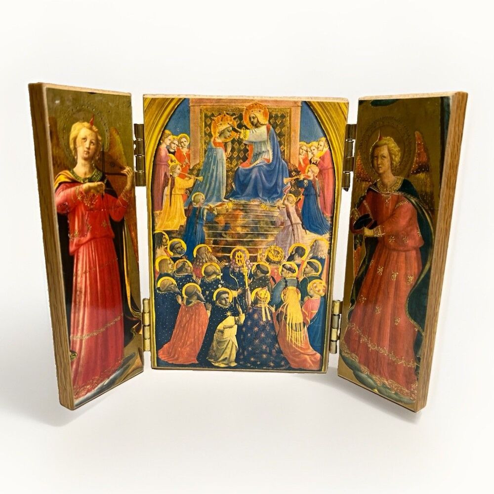 VTG Triptych Coronation Of Virgin Mary, With Angels, Made Of Oak Wood, Catholic